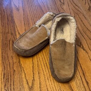 UGG Tan Suede Moccasin Slippers with Cream Fur